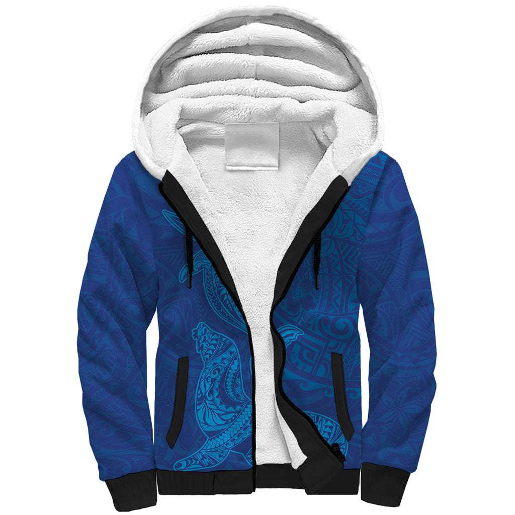 Hawaiian Monk Seal and Whale Sherpa Hoodie Kakau Tribal Pattern Blue Color
