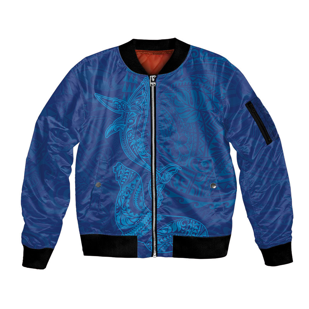 Hawaiian Monk Seal and Whale Sleeve Zip Bomber Jacket Kakau Tribal Pattern Blue Color LT03 Unisex Blue - Polynesian Pride