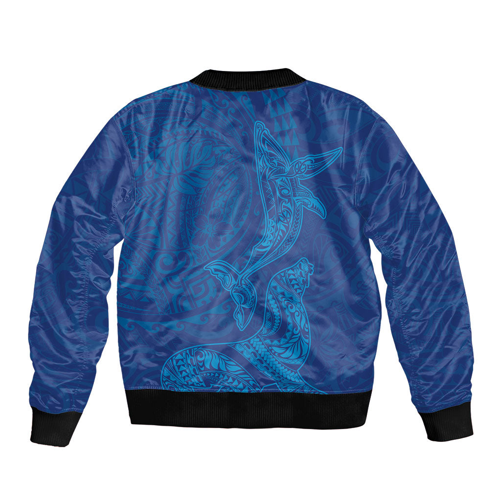Hawaiian Monk Seal and Whale Sleeve Zip Bomber Jacket Kakau Tribal Pattern Blue Color LT03 - Polynesian Pride