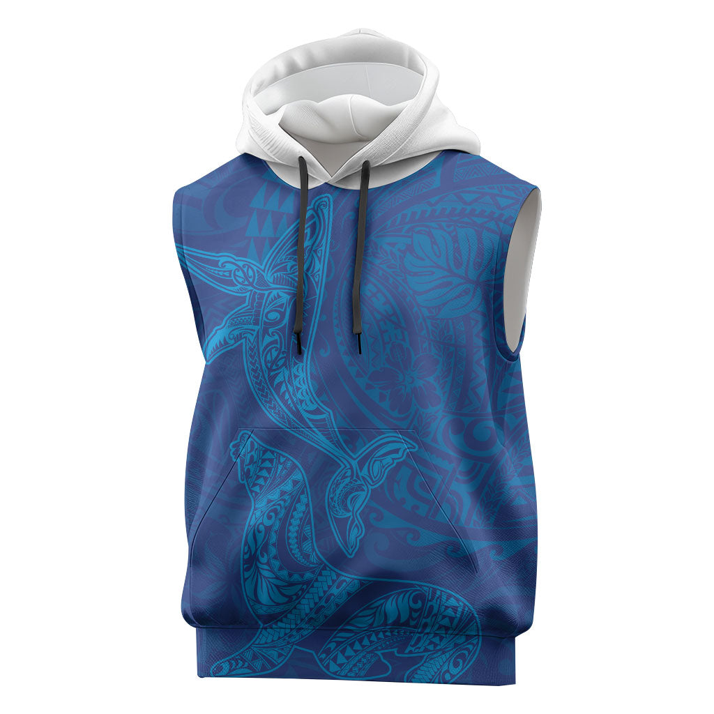 Hawaiian Monk Seal and Whale Sleeveless Hoodie Kakau Tribal Pattern Blue Color LT03 Blue - Polynesian Pride