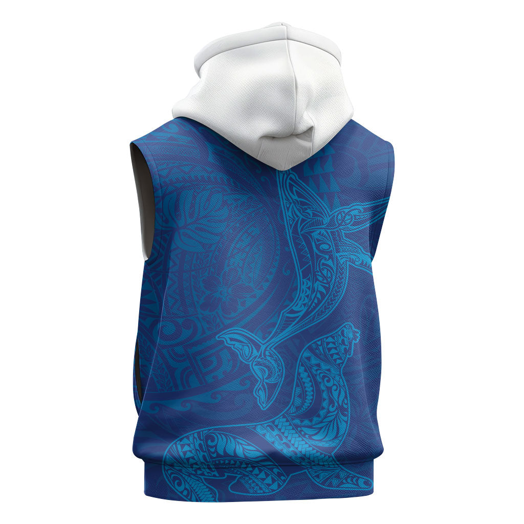 Hawaiian Monk Seal and Whale Sleeveless Zip Hoodie Kakau Tribal Pattern Blue Color LT03 - Polynesian Pride