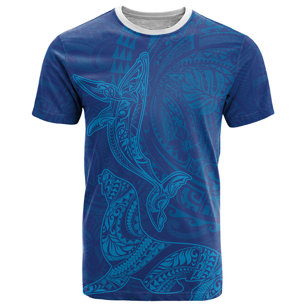 Hawaiian Monk Seal and Whale T Shirt Kakau Tribal Pattern Blue Color