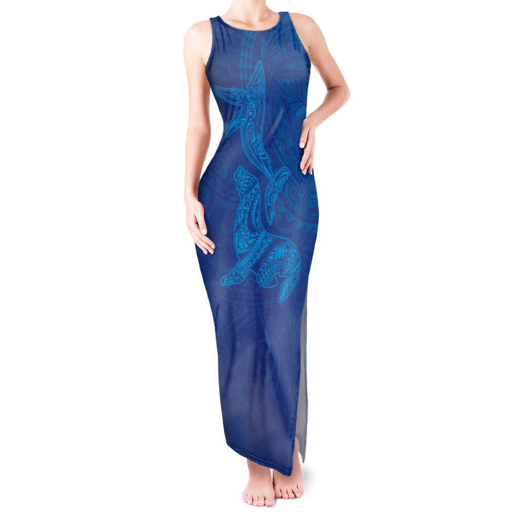 Hawaiian Monk Seal and Whale Tank Maxi Dress Kakau Tribal Pattern Blue Color LT03 Women Blue - Polynesian Pride