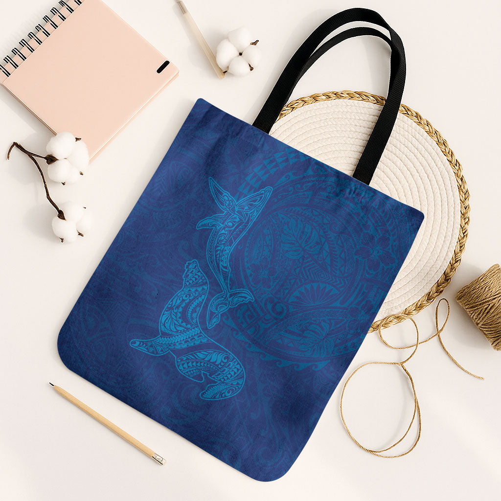 Hawaiian Monk Seal and Whale Tote Bag Kakau Tribal Pattern Blue Color LT03 Black Strap One Size Blue - Polynesian Pride
