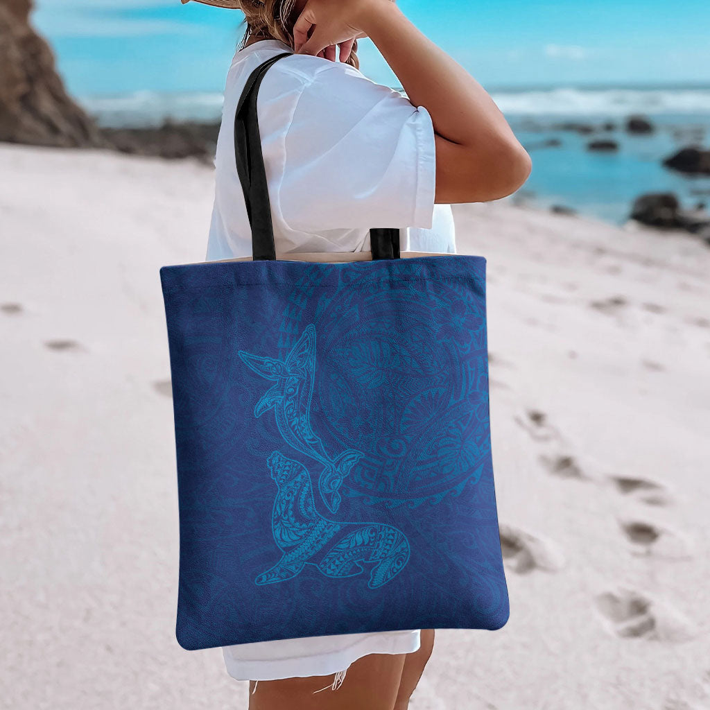 Hawaiian Monk Seal and Whale Tote Bag Kakau Tribal Pattern Blue Color LT03 - Polynesian Pride