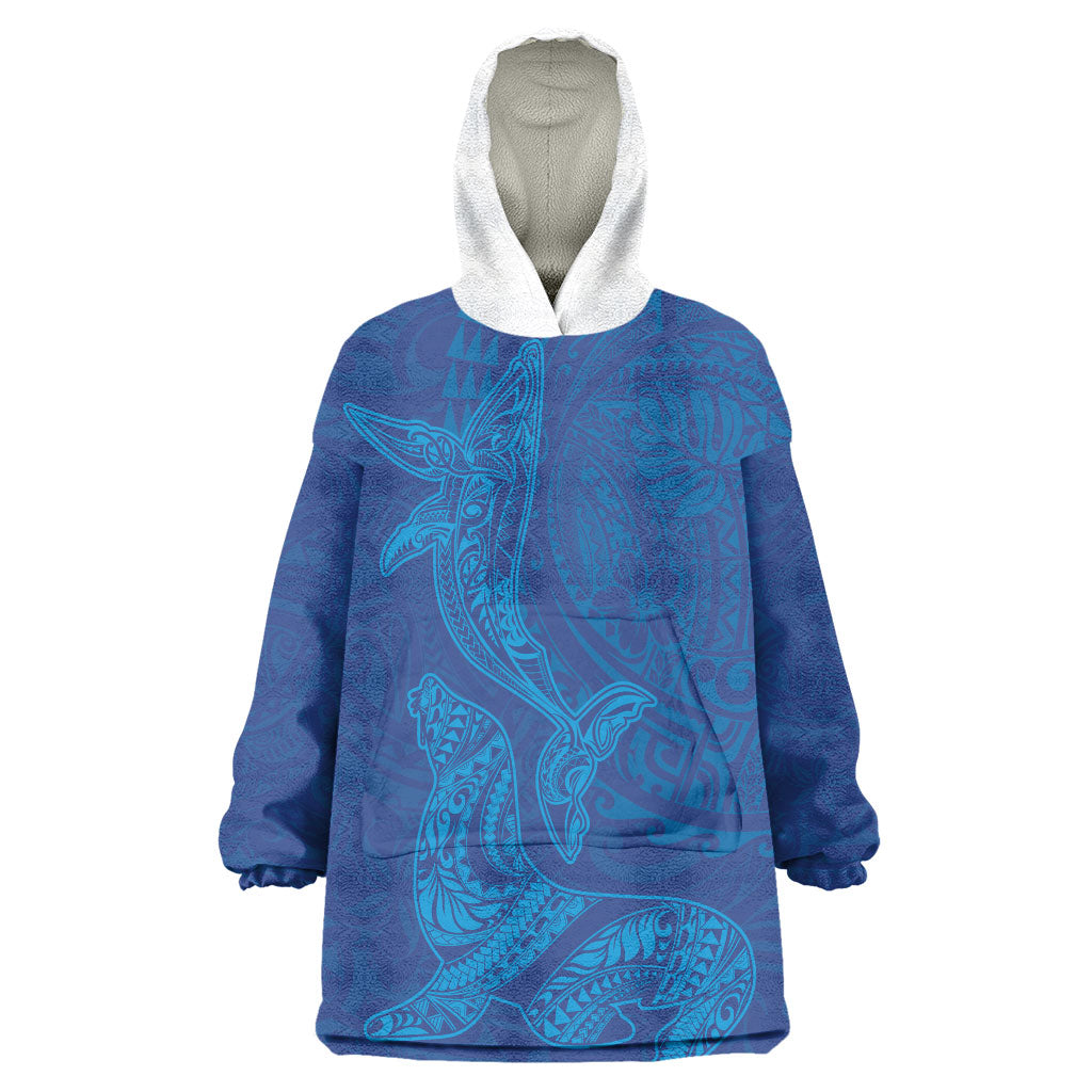 Hawaiian Monk Seal and Whale Wearable Blanket Hoodie Kakau Tribal Pattern Blue Color