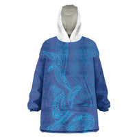 Hawaiian Monk Seal and Whale Wearable Blanket Hoodie Kakau Tribal Pattern Blue Color