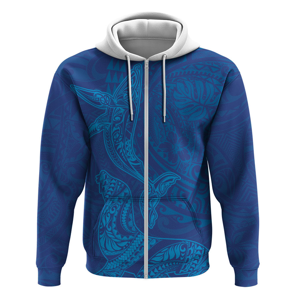 Hawaiian Monk Seal and Whale Zip Hoodie Kakau Tribal Pattern Blue Color LT03 Zip Hoodie Blue - Polynesian Pride