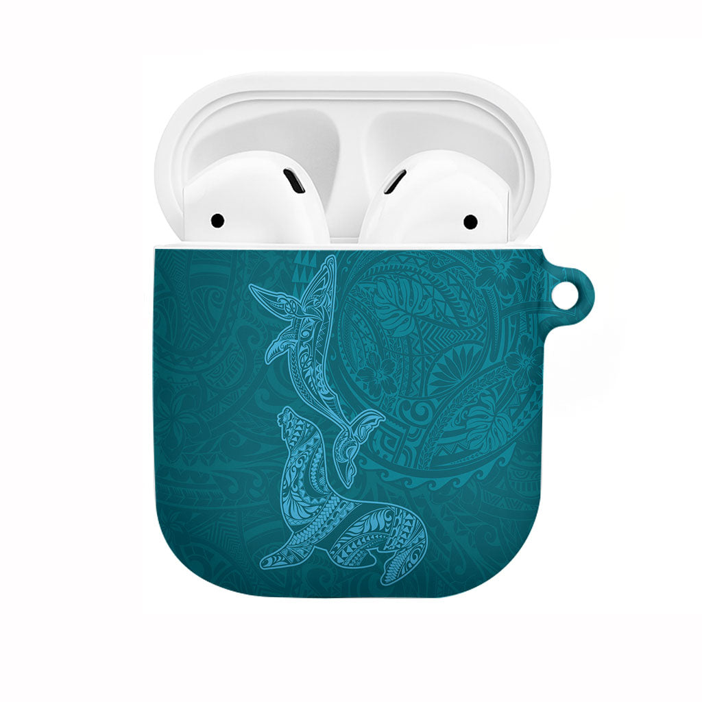 Hawaiian Monk Seal and Whale AirPods Case Kakau Tribal Pattern Teal Color LT03 Teal - Polynesian Pride