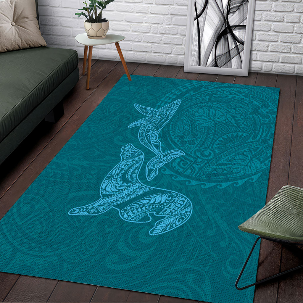 Hawaiian Monk Seal and Whale Area Rug Kakau Tribal Pattern Teal Color