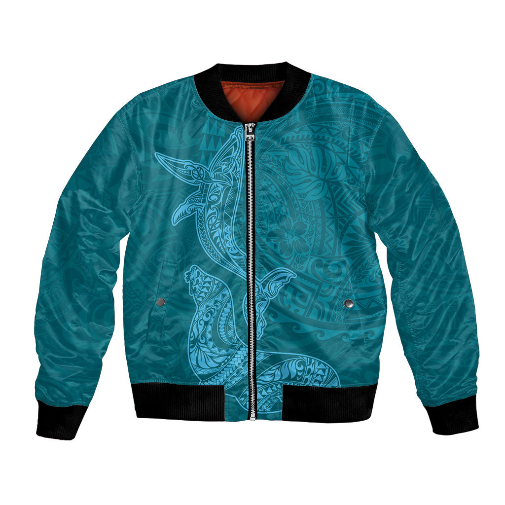 Hawaiian Monk Seal and Whale Bomber Jacket Kakau Tribal Pattern Teal Color LT03 Unisex Teal - Polynesian Pride