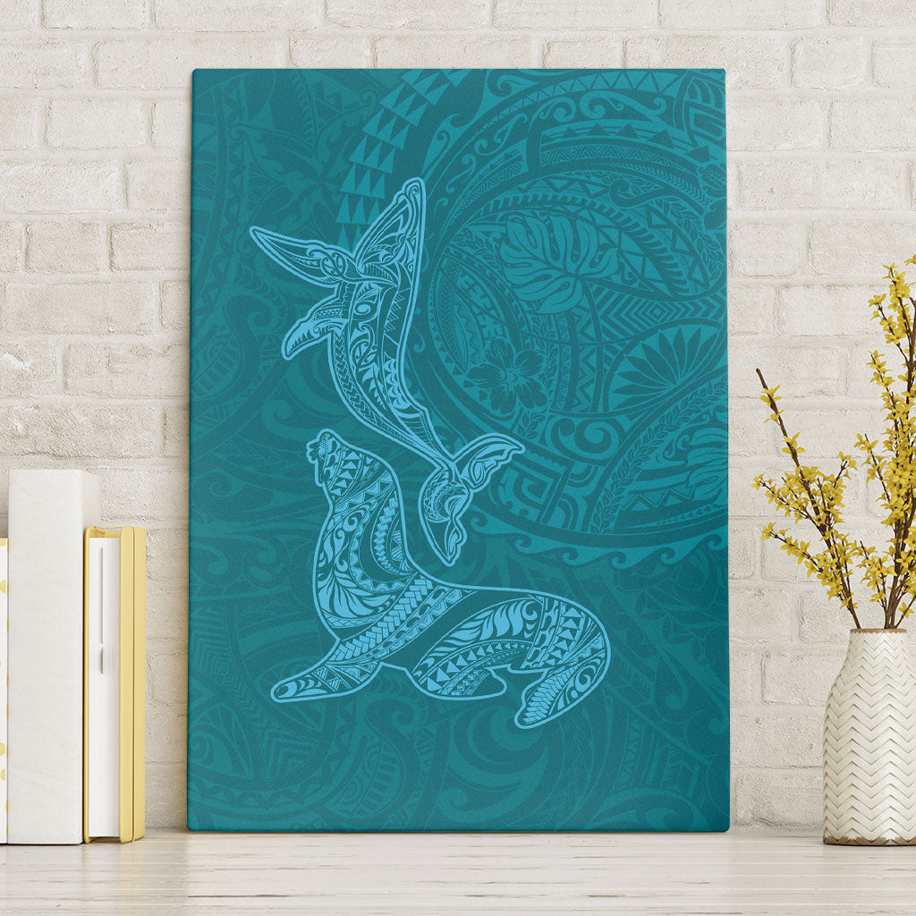 Hawaiian Monk Seal and Whale Canvas Wall Art Kakau Tribal Pattern Teal Color