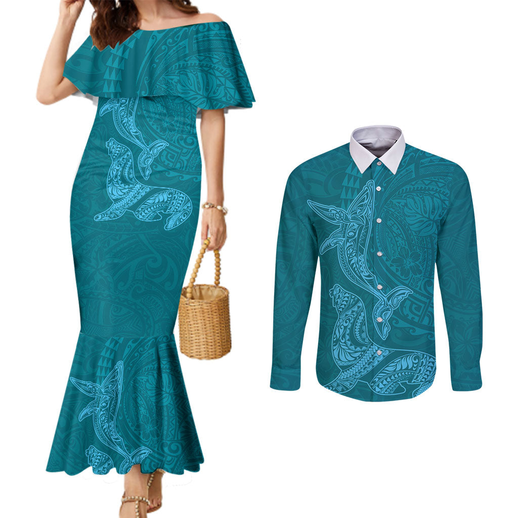 Hawaiian Monk Seal and Whale Couples Matching Mermaid Dress and Long Sleeve Button Shirt Kakau Tribal Pattern Teal Color LT03 Teal - Polynesian Pride