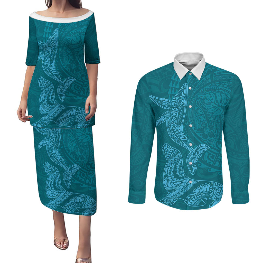 Hawaiian Monk Seal and Whale Couples Matching Puletasi and Long Sleeve Button Shirt Kakau Tribal Pattern Teal Color LT03 Teal - Polynesian Pride