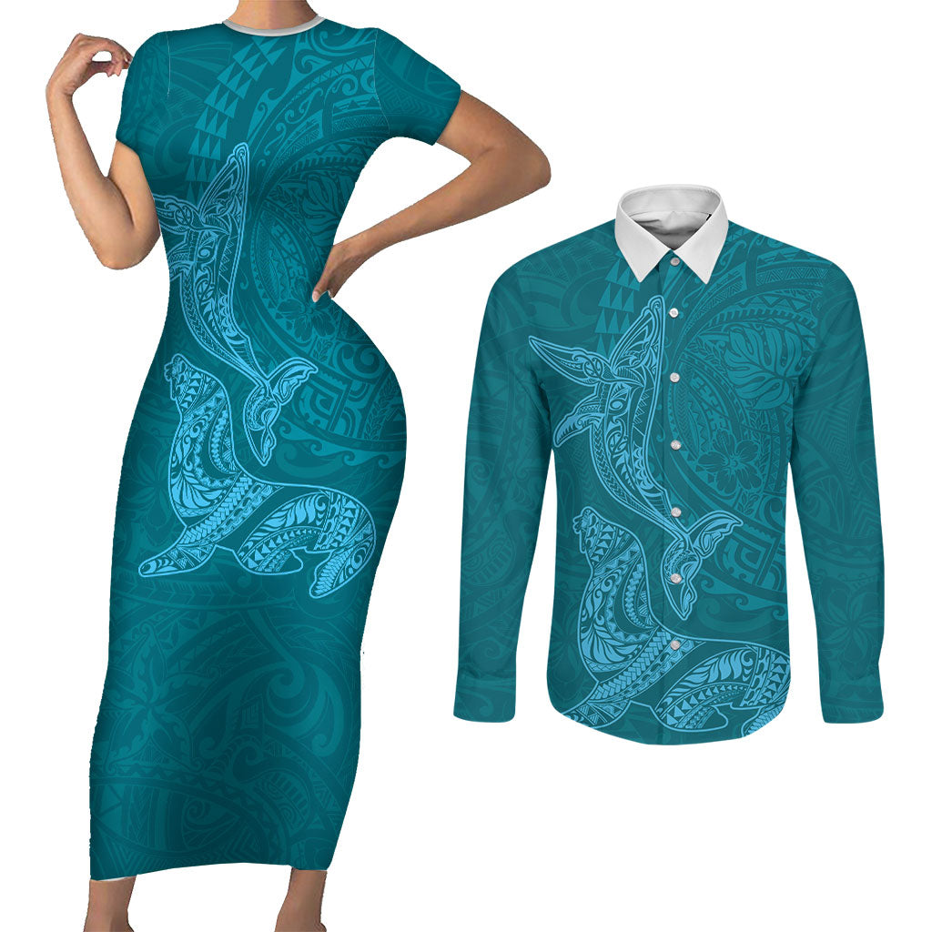 Hawaiian Monk Seal and Whale Couples Matching Short Sleeve Bodycon Dress and Long Sleeve Button Shirt Kakau Tribal Pattern Teal Color LT03 Teal - Polynesian Pride
