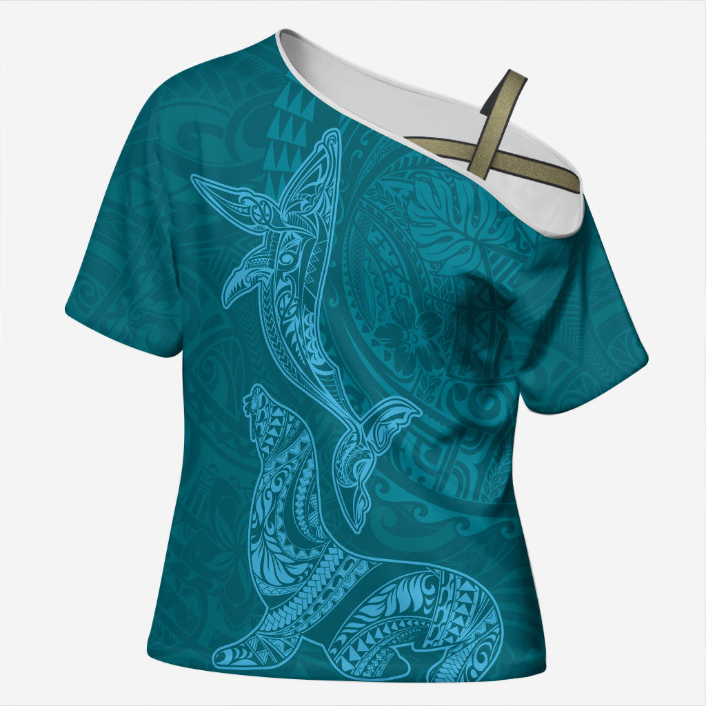 Hawaiian Monk Seal and Whale Cross Shoulder Shirt Kakau Tribal Pattern Teal Color LT03 Female Teal - Polynesian Pride