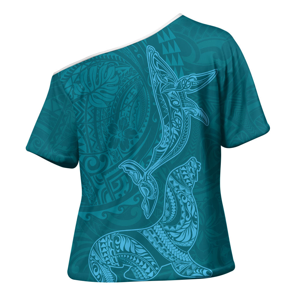 Hawaiian Monk Seal and Whale Cross Shoulder Shirt Kakau Tribal Pattern Teal Color LT03 - Polynesian Pride