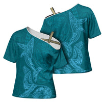 Hawaiian Monk Seal and Whale Cross Shoulder Shirt Kakau Tribal Pattern Teal Color LT03 - Polynesian Pride