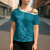Hawaiian Monk Seal and Whale Cross Shoulder Shirt Kakau Tribal Pattern Teal Color LT03 - Polynesian Pride