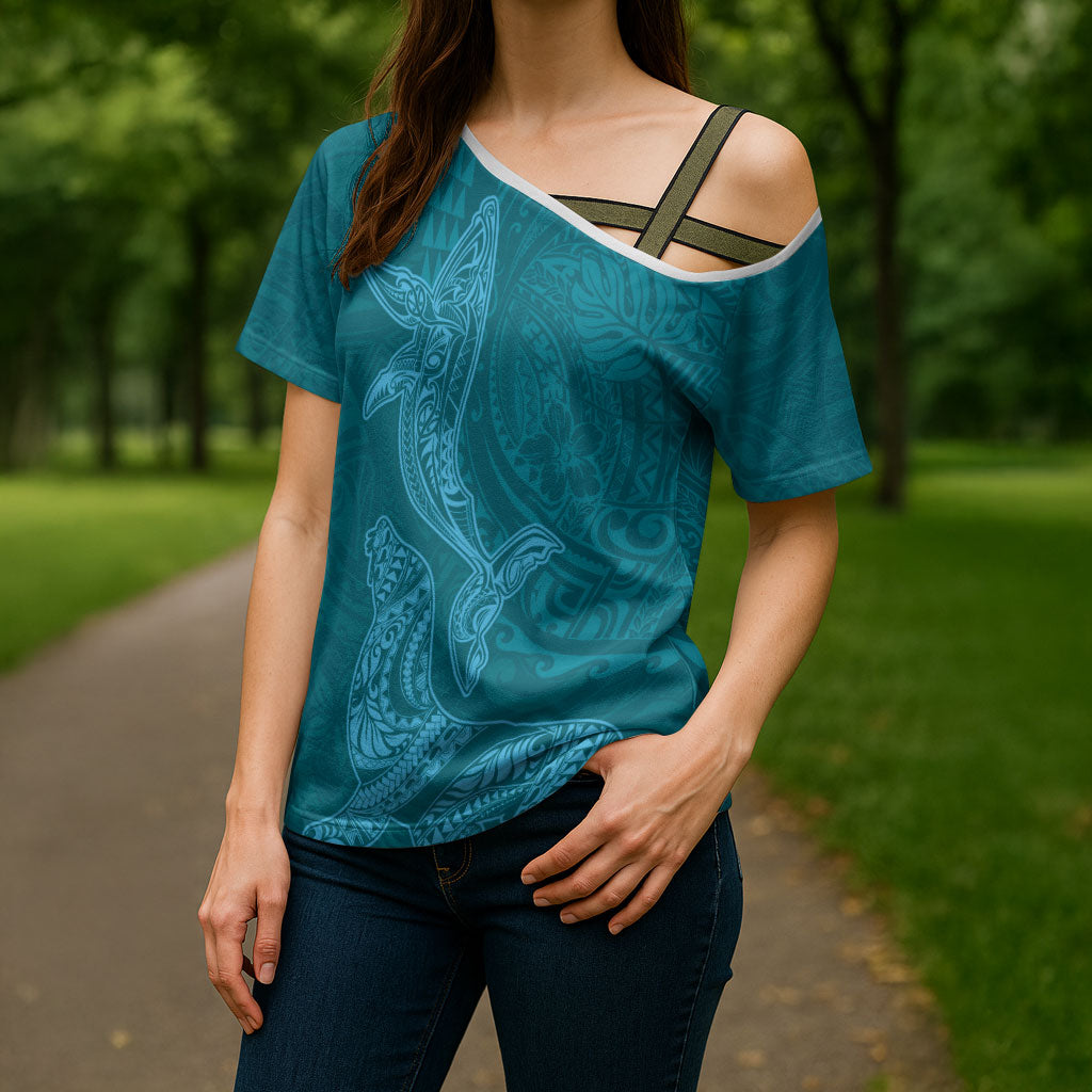 Hawaiian Monk Seal and Whale Cross Shoulder Shirt Kakau Tribal Pattern Teal Color LT03 - Polynesian Pride