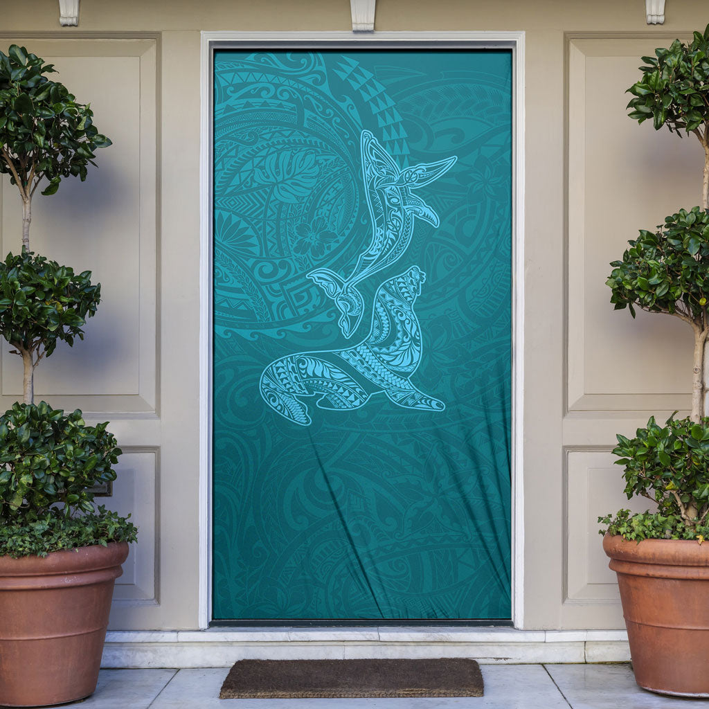 Hawaiian Monk Seal and Whale Door Cover Kakau Tribal Pattern Teal Color LT03 Teal - Polynesian Pride