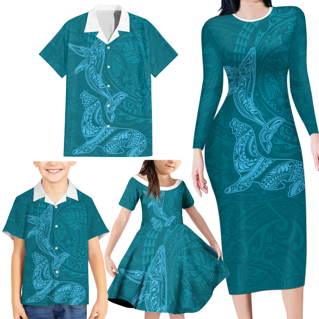 Hawaiian Monk Seal and Whale Family Matching Long Sleeve Bodycon Dress and Hawaiian Shirt Kakau Tribal Pattern Teal Color LT03 - Polynesian Pride