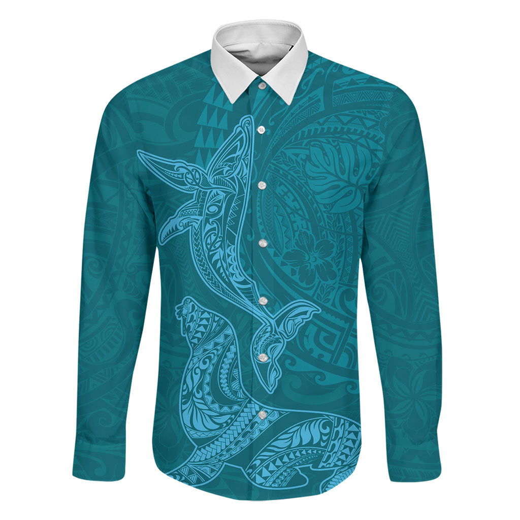 Hawaiian Monk Seal and Whale Family Matching Mermaid Dress and Hawaiian Shirt Kakau Tribal Pattern Teal Color LT03 Dad's Shirt - Long Sleeve Teal - Polynesian Pride