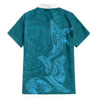 Hawaiian Monk Seal and Whale Family Matching Off The Shoulder Long Sleeve Dress and Hawaiian Shirt Kakau Tribal Pattern Teal Color LT03 - Polynesian Pride