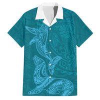 Hawaiian Monk Seal and Whale Family Matching Short Sleeve Bodycon Dress and Hawaiian Shirt Kakau Tribal Pattern Teal Color LT03 Dad's Shirt - Short Sleeve Teal - Polynesian Pride