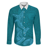 Hawaiian Monk Seal and Whale Family Matching Short Sleeve Bodycon Dress and Hawaiian Shirt Kakau Tribal Pattern Teal Color LT03 Dad's Shirt - Long Sleeve Teal - Polynesian Pride