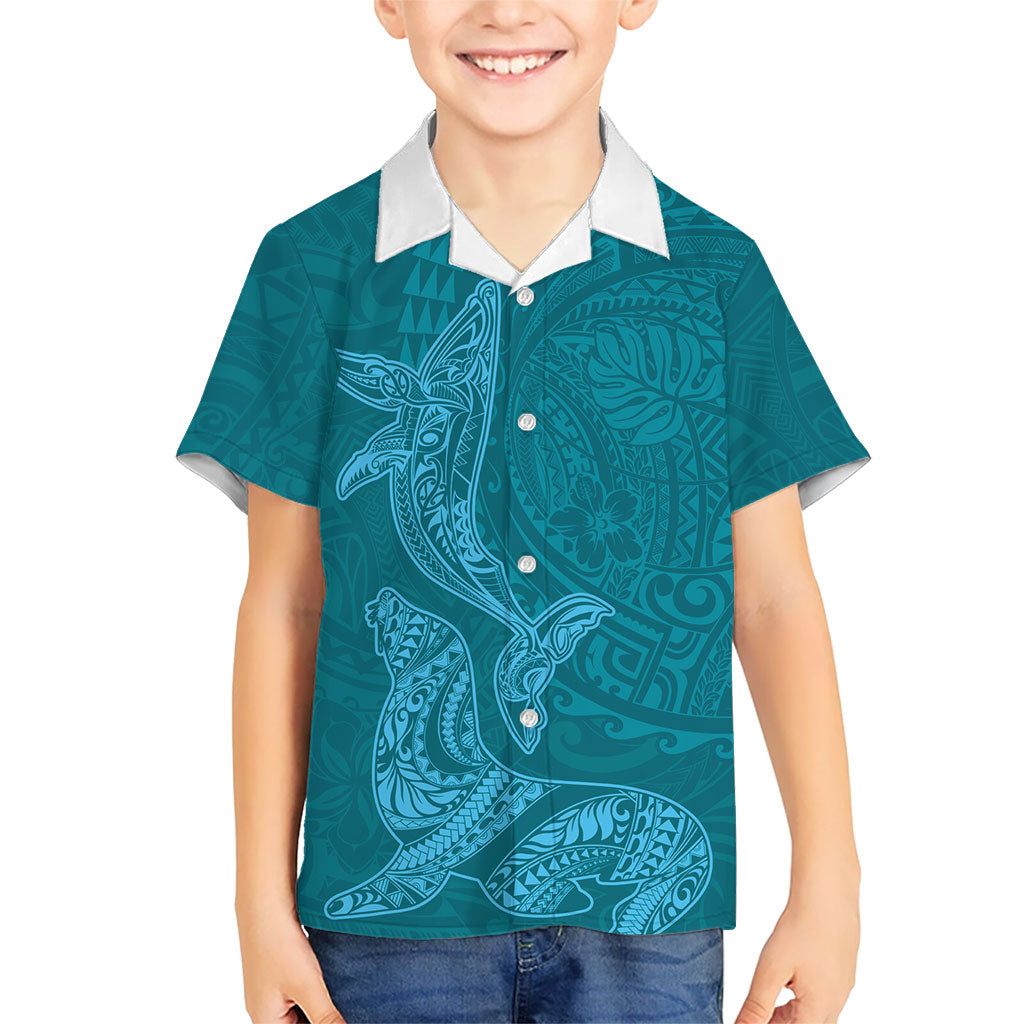Hawaiian Monk Seal and Whale Family Matching Short Sleeve Bodycon Dress and Hawaiian Shirt Kakau Tribal Pattern Teal Color LT03 Son's Shirt Teal - Polynesian Pride