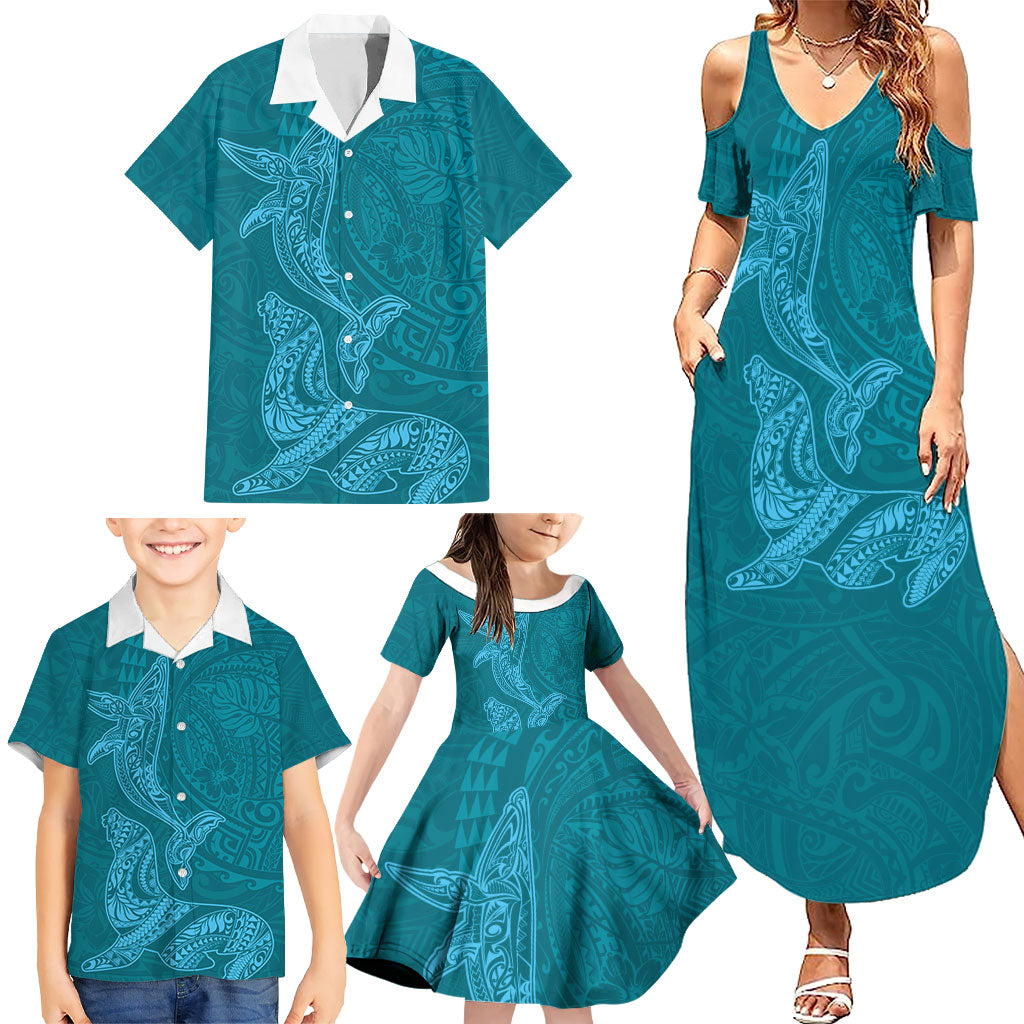 Hawaiian Monk Seal and Whale Family Matching Summer Maxi Dress and Hawaiian Shirt Kakau Tribal Pattern Teal Color LT03 - Polynesian Pride