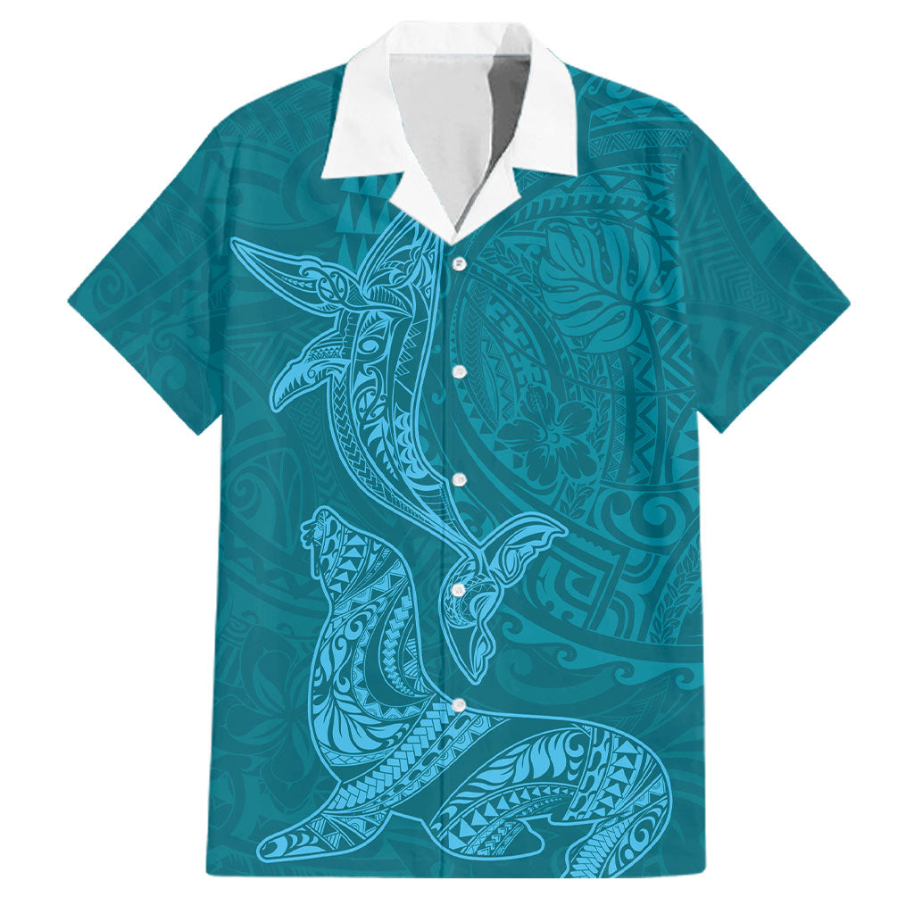 Hawaiian Monk Seal and Whale Family Matching Summer Maxi Dress and Hawaiian Shirt Kakau Tribal Pattern Teal Color LT03 Dad's Shirt - Short Sleeve Teal - Polynesian Pride