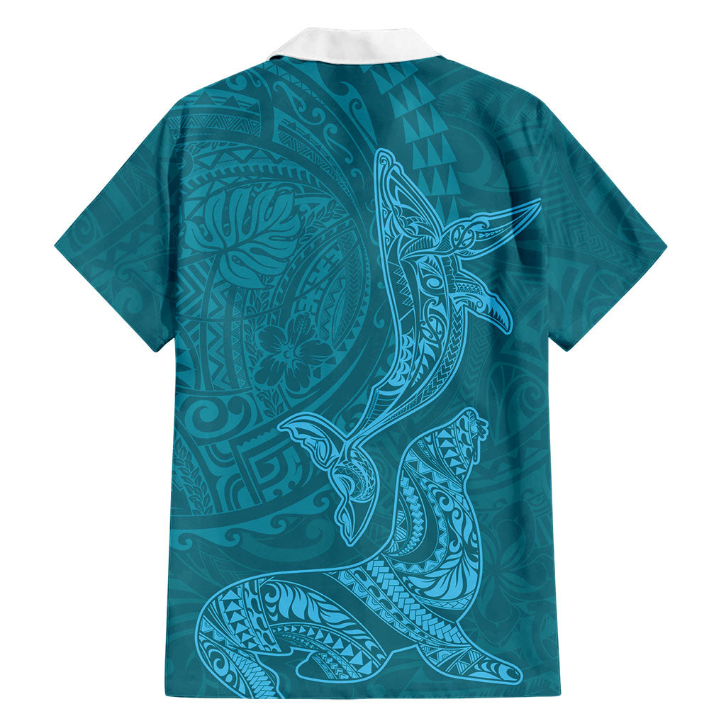 Hawaiian Monk Seal and Whale Family Matching Summer Maxi Dress and Hawaiian Shirt Kakau Tribal Pattern Teal Color LT03 - Polynesian Pride