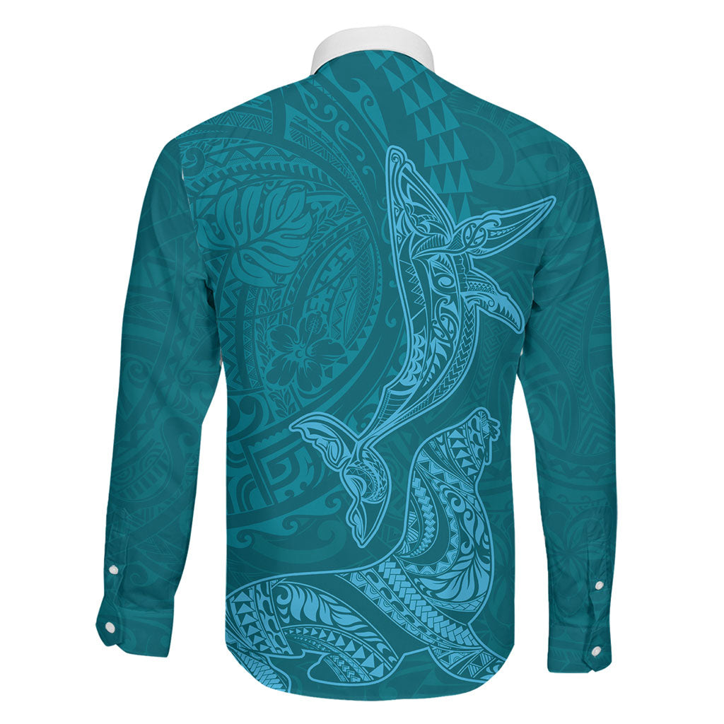 Hawaiian Monk Seal and Whale Family Matching Summer Maxi Dress and Hawaiian Shirt Kakau Tribal Pattern Teal Color LT03 - Polynesian Pride