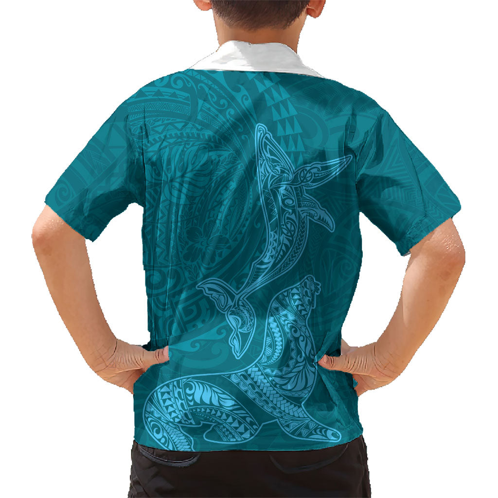 Hawaiian Monk Seal and Whale Hawaiian Shirt Kakau Tribal Pattern Teal Color LT03 - Polynesian Pride