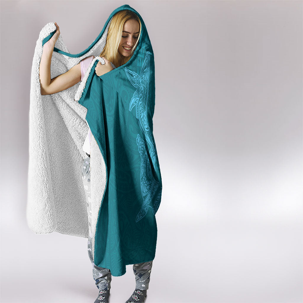 Hawaiian Monk Seal and Whale Hooded Blanket Kakau Tribal Pattern Teal Color LT03 - Polynesian Pride