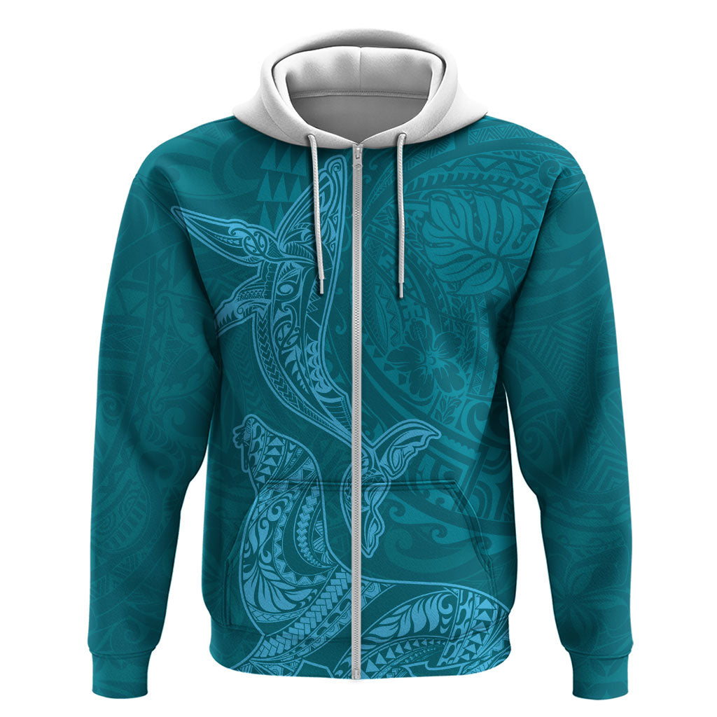 Hawaiian Monk Seal and Whale Hoodie Kakau Tribal Pattern Teal Color LT03 Zip Hoodie Teal - Polynesian Pride
