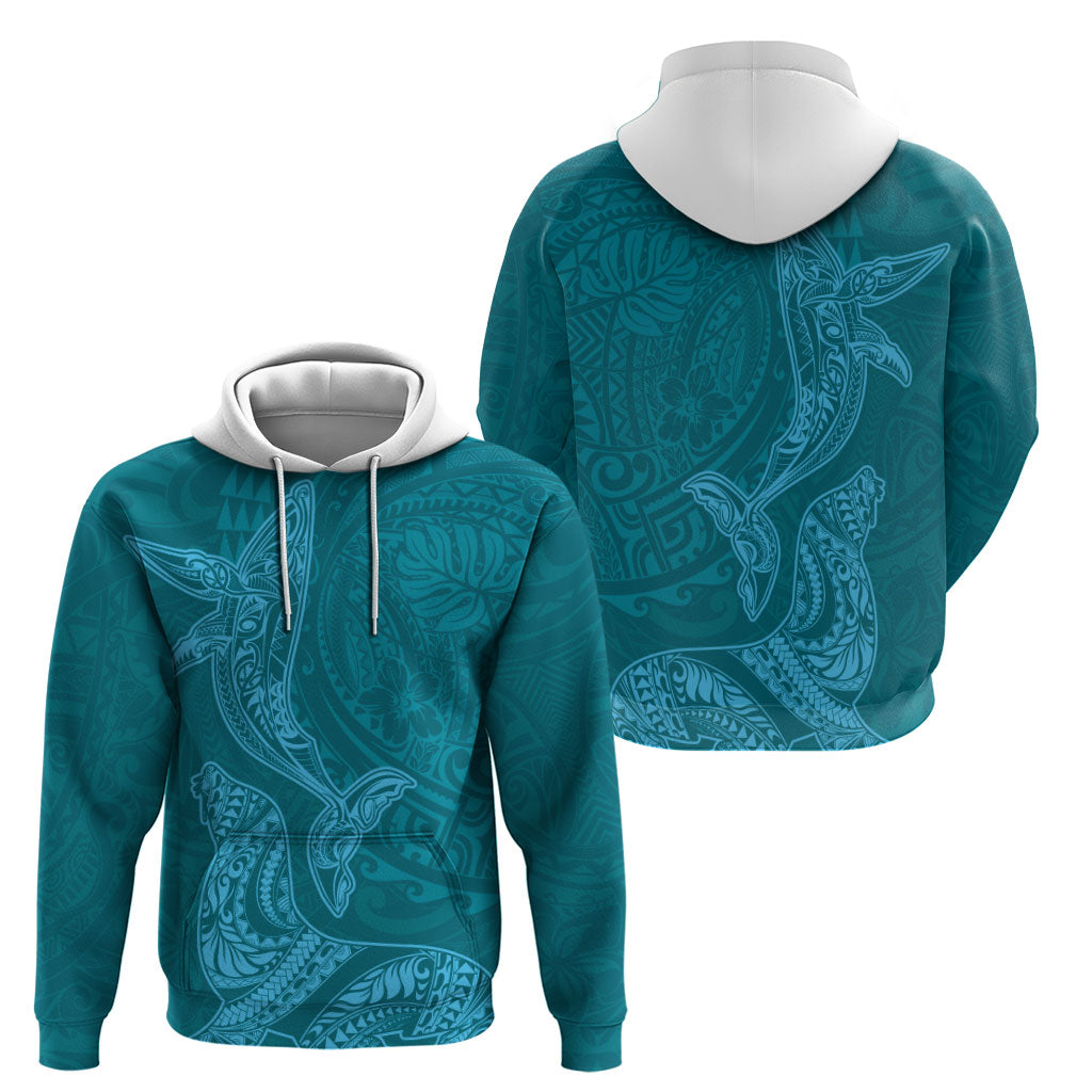 Hawaiian Monk Seal and Whale Hoodie Kakau Tribal Pattern Teal Color LT03 - Polynesian Pride