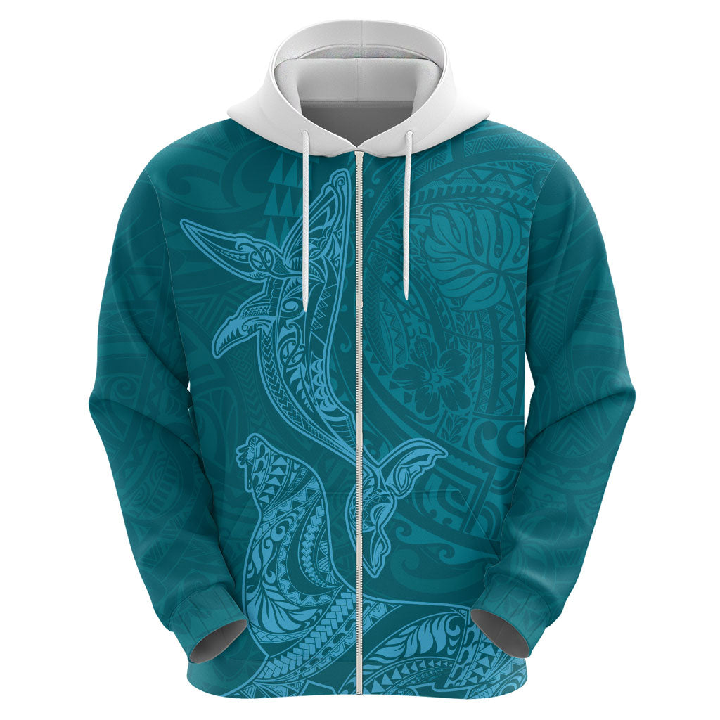 Hawaiian Monk Seal and Whale Hoodie Kakau Tribal Pattern Teal Color LT03 - Polynesian Pride