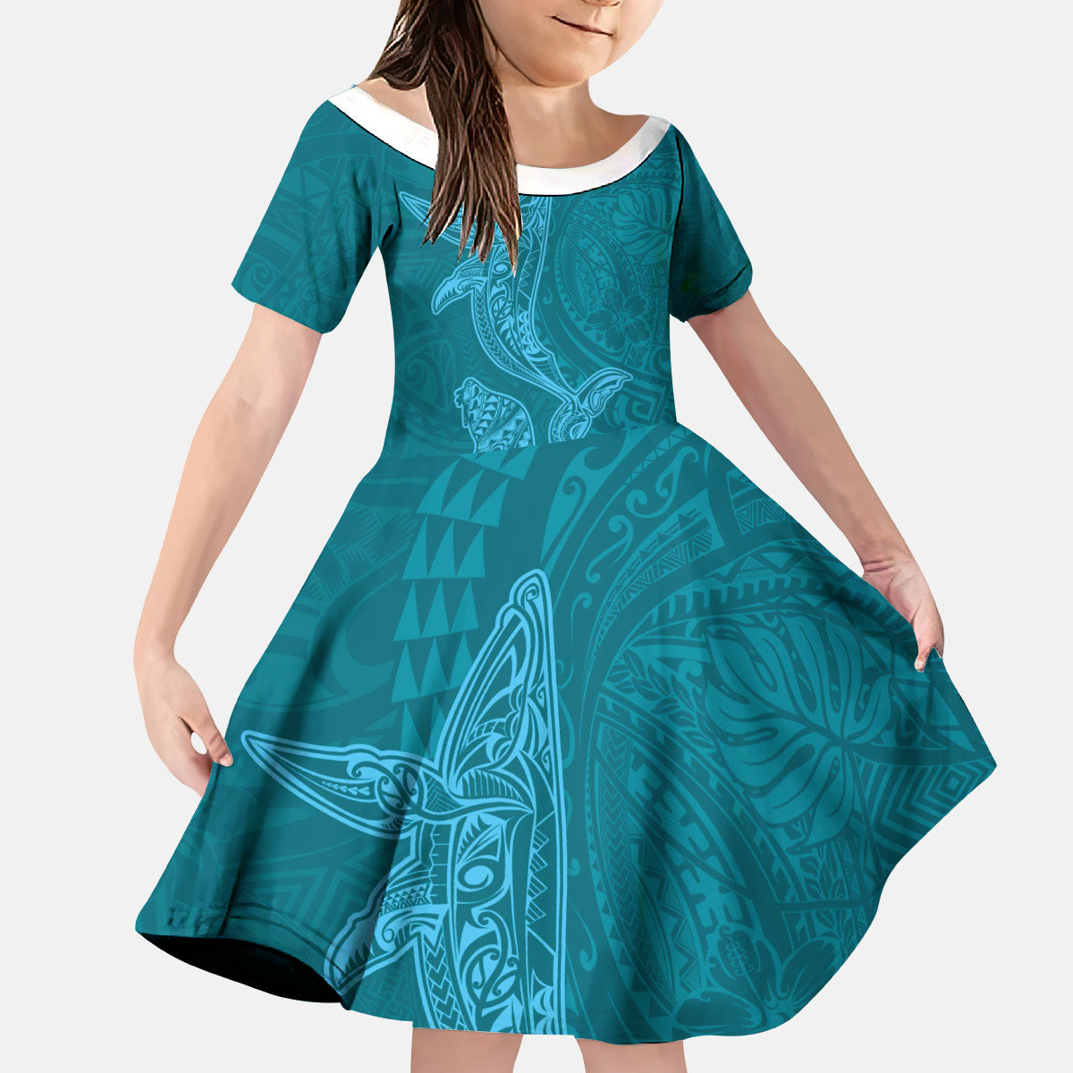 Hawaiian Monk Seal and Whale Kid Short Sleeve Dress Kakau Tribal Pattern Teal Color