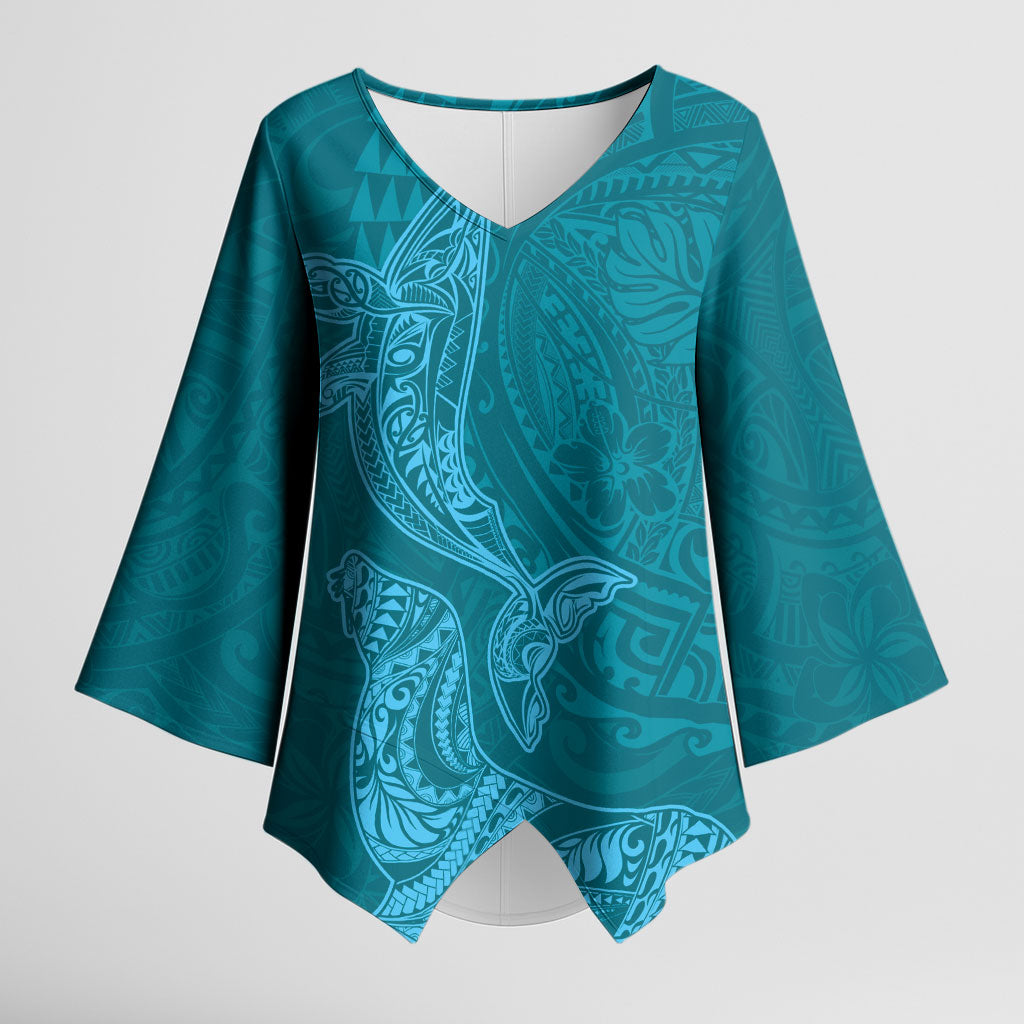 Hawaiian Monk Seal and Whale Kimono Sleeve Blouse Kakau Tribal Pattern Teal Color LT03 Female Teal - Polynesian Pride