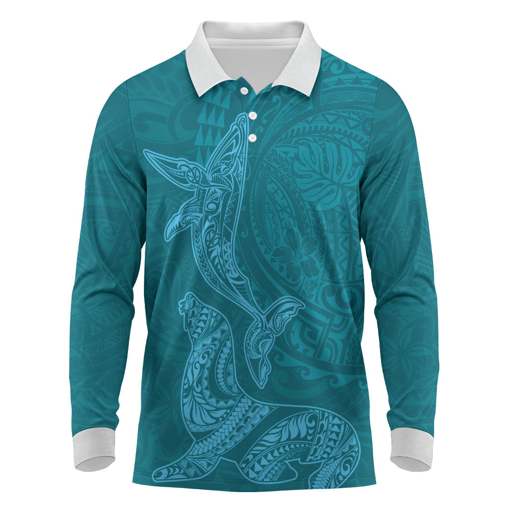 Hawaiian Monk Seal and Whale Long Sleeve Polo Shirt Kakau Tribal Pattern Teal Color LT03 Teal - Polynesian Pride