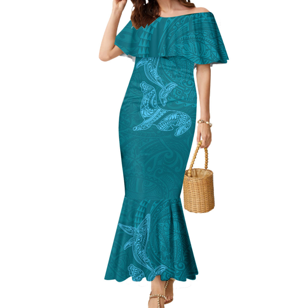Hawaiian Monk Seal and Whale Mermaid Dress Kakau Tribal Pattern Teal Color LT03 Women Teal - Polynesian Pride