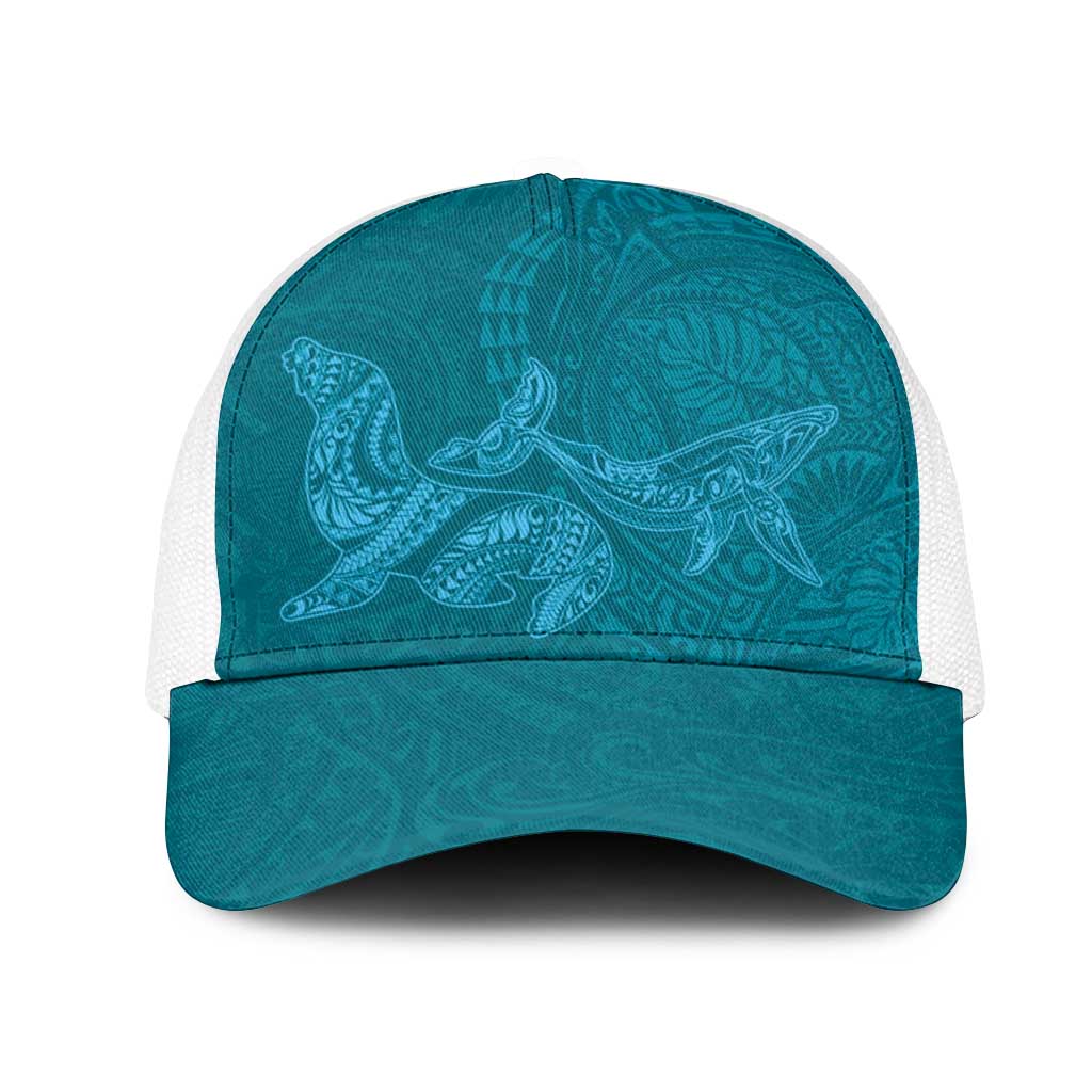 Hawaiian Monk Seal and Whale Mesh Trucker Cap Kakau Tribal Pattern Teal Color