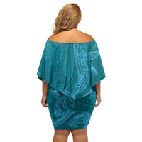 Hawaiian Monk Seal and Whale Off Shoulder Short Dress Kakau Tribal Pattern Teal Color LT03 - Polynesian Pride