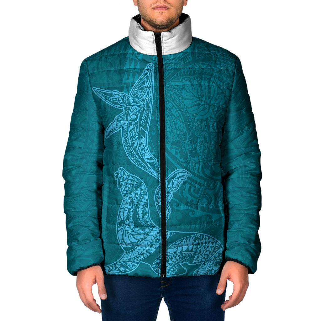 Hawaiian Monk Seal and Whale Padded Jacket Kakau Tribal Pattern Teal Color LT03 Men Teal - Polynesian Pride