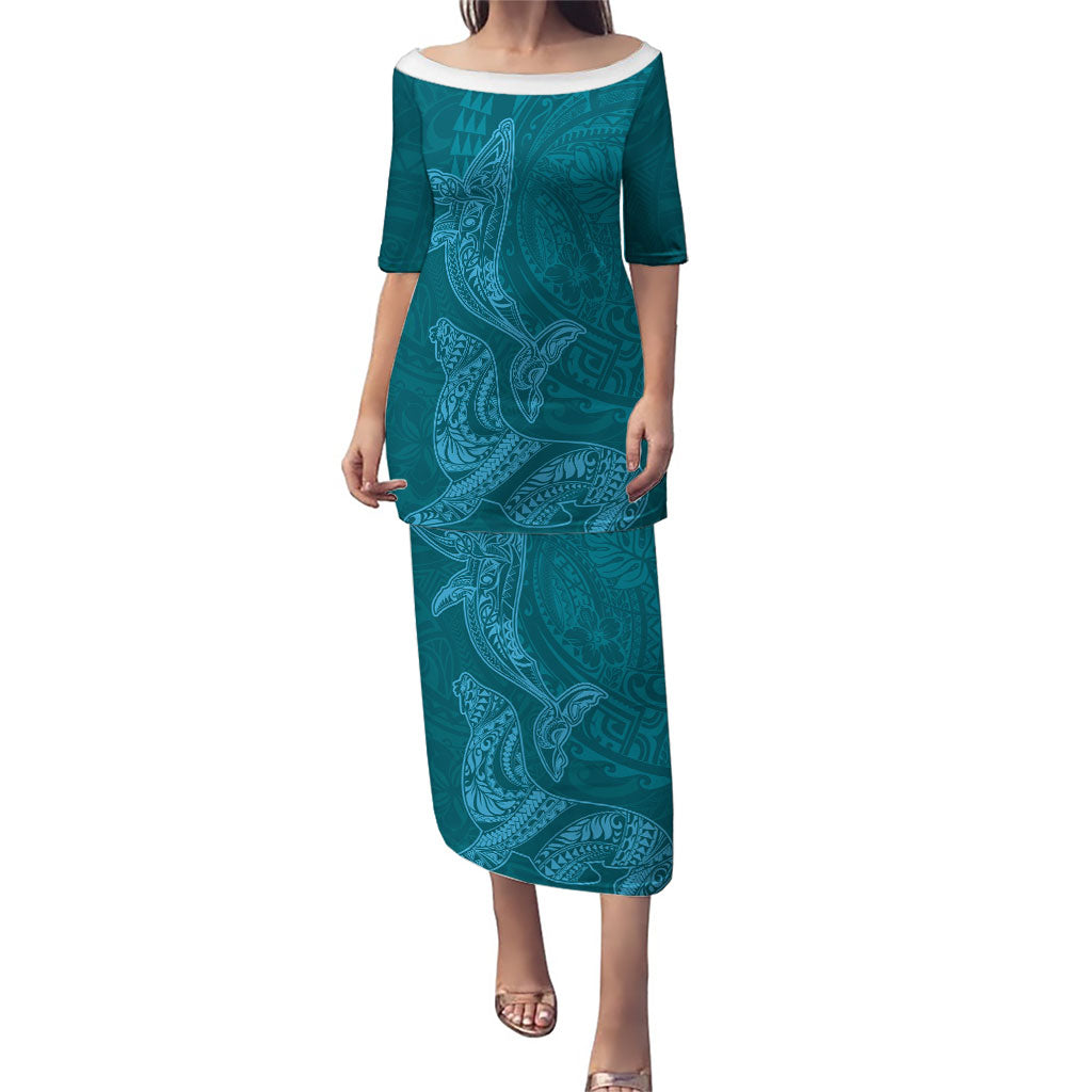 Hawaiian Monk Seal and Whale Puletasi Kakau Tribal Pattern Teal Color LT03 Long Dress Teal - Polynesian Pride