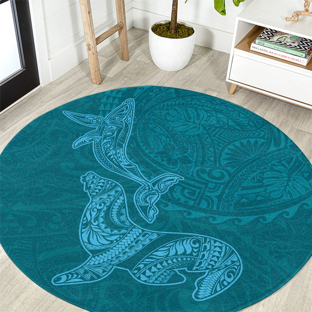 Hawaiian Monk Seal and Whale Round Carpet Kakau Tribal Pattern Teal Color LT03 Teal - Polynesian Pride
