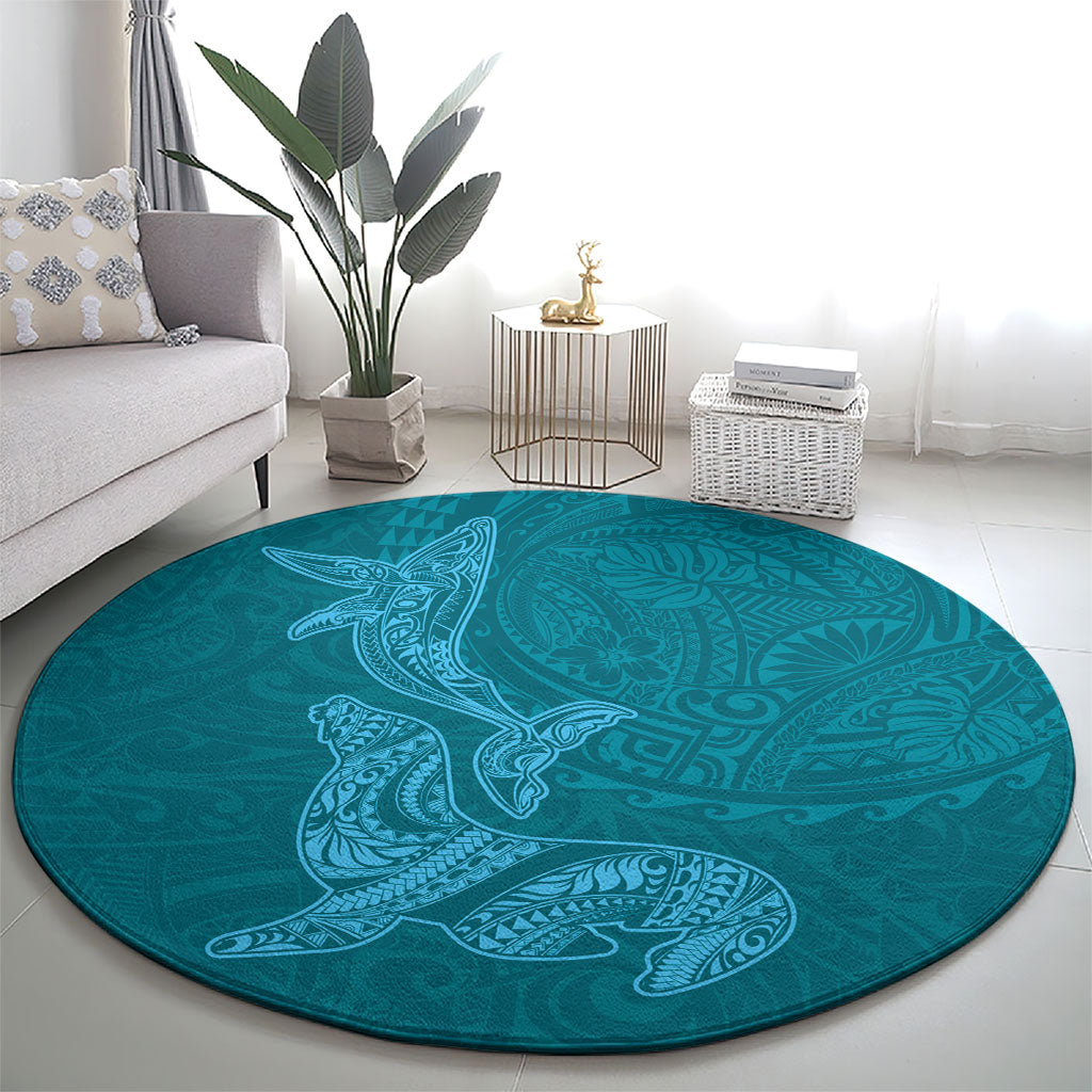 Hawaiian Monk Seal and Whale Round Carpet Kakau Tribal Pattern Teal Color LT03 - Polynesian Pride